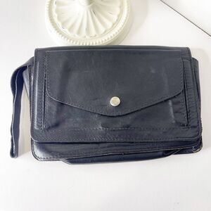 Vintage 80s Black Leather Clutch Purse Wristlet Multiple Pockets Envelope